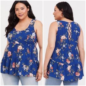 blue floral challis lattice tunic
